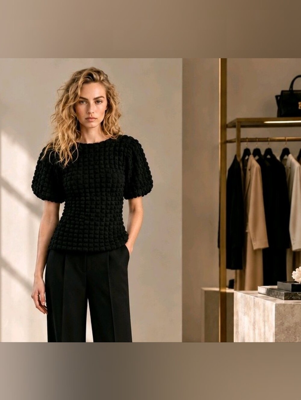Anthropologie Eri + Ali Textured Bubble Puff-Sleeve Top Black
